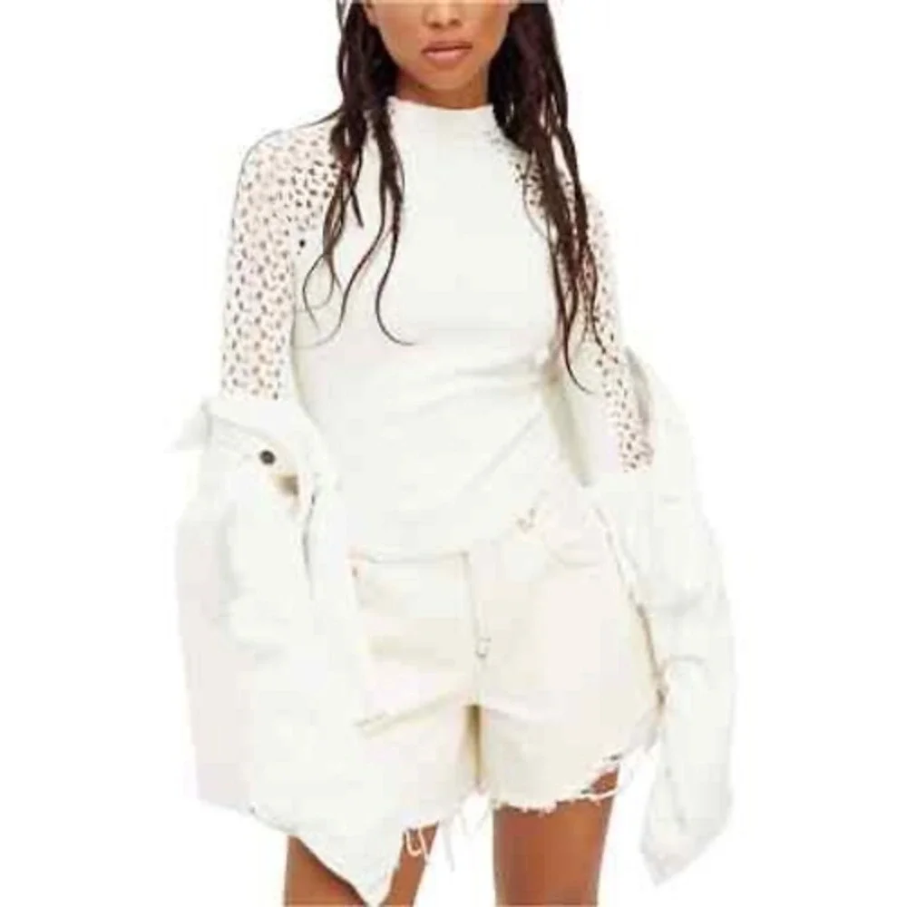 Free People White Long Sleeve Ribbed Top with Crochet Sleeves